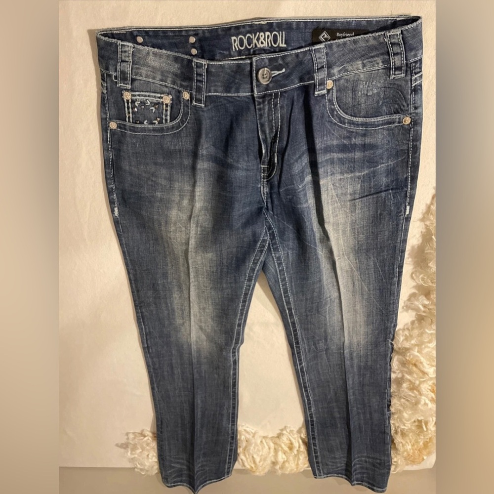 Rock & Roll Cowgirl Women's Dark Wash Boyfriend Jeans Size 31x34 Bootcut Fade